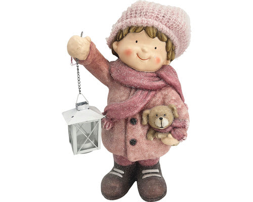 Decoratiune Lafiora Baiat Cu Felinar Din Piatra Artificiala H 42 Cm Roz