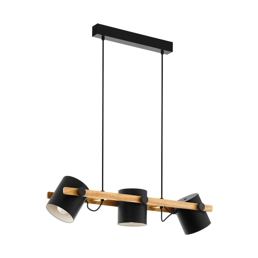 Pendul vintage-industrial Hornwood, EGLO, E27, 3x60W, otel, negru, lemn, maro, 110 x 78 x 21 cm, inaltime reglabila, IP20