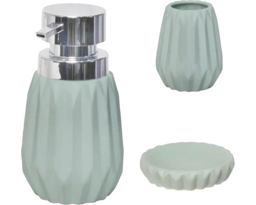 Set Dozator Sapun Lichid, Sapuniera Si Pahar Relief Ceramica Verde
