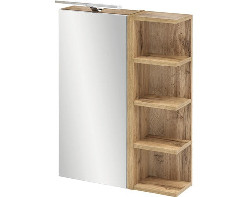 Dulap Baie cu Oglinda Matteo, 1 Usa, Polite in Lateral, Iluminare LED, PAL, 50x76 cm Stejar Natur