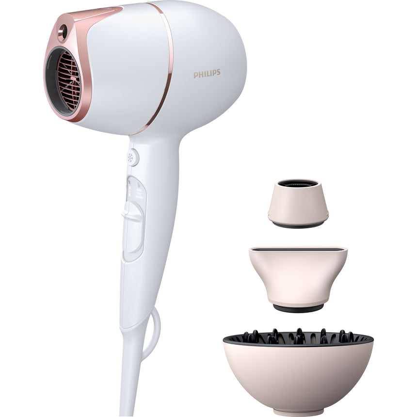 Uscator de par Philips Prestige BHD628/00, senzor SenseIQ, 2 setari viteza, 3 moduri presetate de uscare, ingrijire cu ioni, design compact, difuzor de volum, cap de coafare 11 mm, cap de uscare, 1800 W, roz/alb