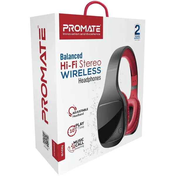 Casti PROMATE Nova, Bluetooth, On-ear, Microfon, Negru-Rosu