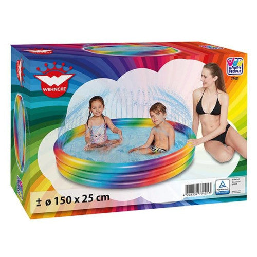 Piscina Gonflabila Happy People Rainbow cu 3 Inele si Stropitori 150 x 25 cm