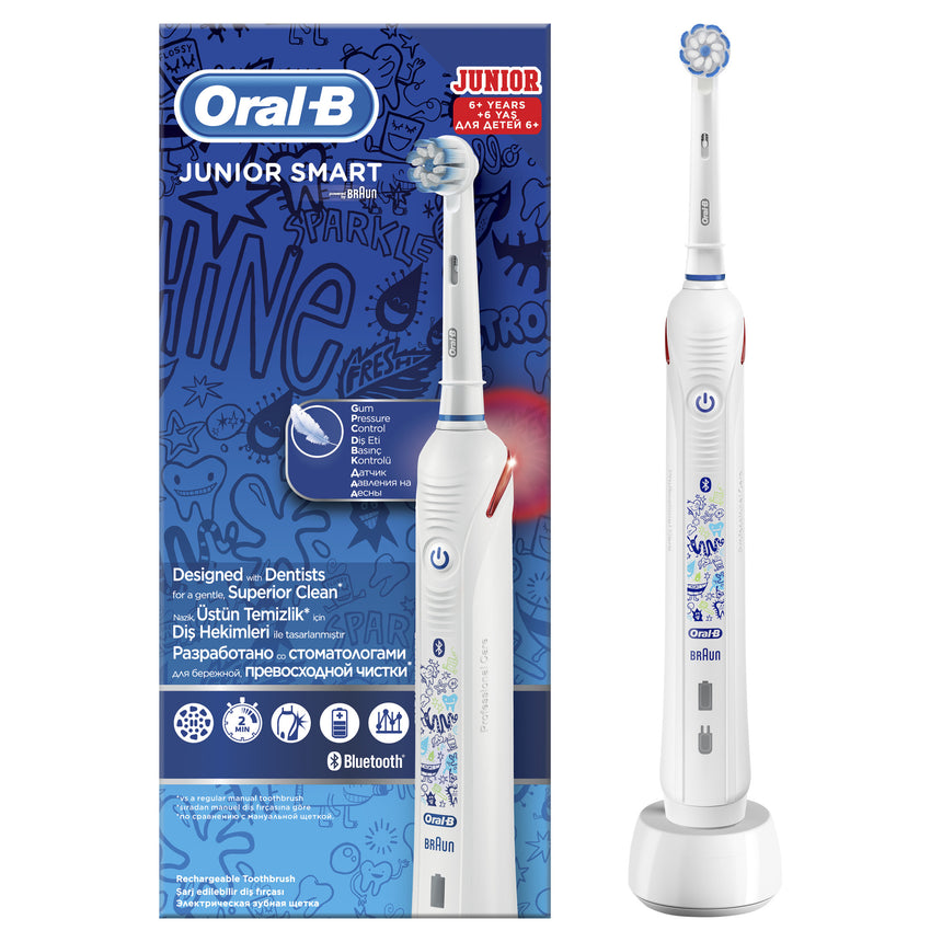 Periuta de dinti electrica Oral-B Junior Smart pentru copii 6+ ani 45000 pulsatii/min, 9900 oscilatii/min, Curatare 3D, 3 programe, 1 capat, Bluetooth, Alb