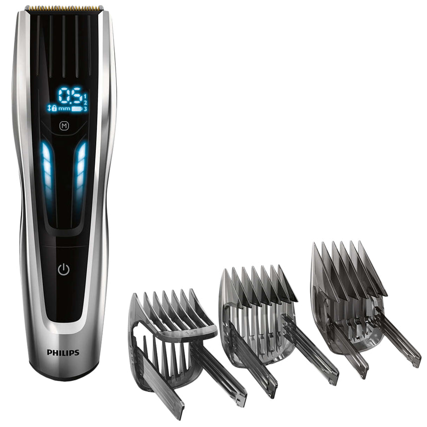 Masina de tuns PHILIPS Seria 9000 HC9450/15, 400 setari de lungime (0.5-42 mm), 120 min autonomie fara fir /nelimitat cu fir, lame titan cu autoascutire, afisaj digital, 4 piepteni, senzor PowerAdapt, Negru/Argintiu