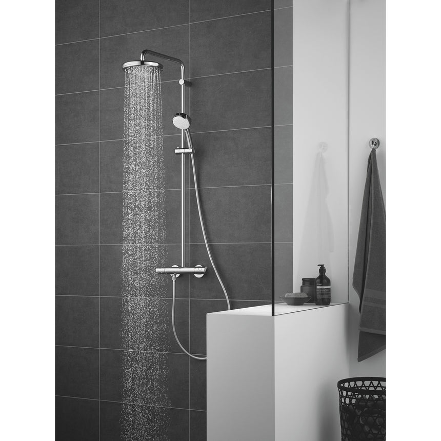 Sistem de dus cu termostat Grohe Tempesta 210, montare aparenta, 2 functii, brat ajustabil, para dus inclusa, anti-calcar, crom