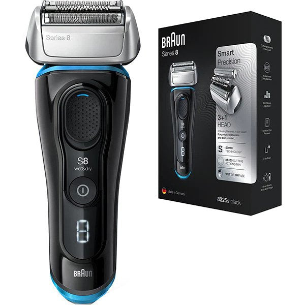 Aparat de ras electric Braun 8325s Wet & Dry, cap cu 8 cai, cip pe 32 de biti, 30.000 de taieri pe minut, afisaj LED, baterie Li-ion, negru