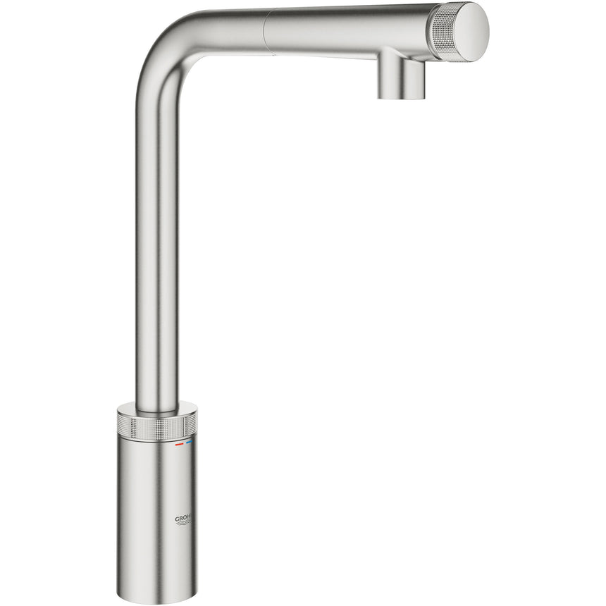 Baterie de bucatarie Grohe Minta Smartcontrol 31613DC0, 3/8'', inalta, tip L, dus extractabil, mat, otel