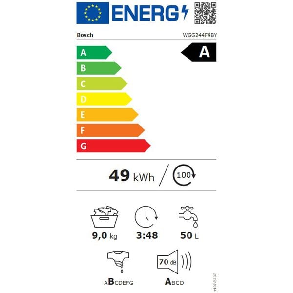 Masina de spalat cu incarcare frontala Bosch WGG244F9BY Serie 6, 9 kg, dozare automata i-DOS, EcoSilenceDrive, clasa energetica A, usa alba din otel inoxidabil