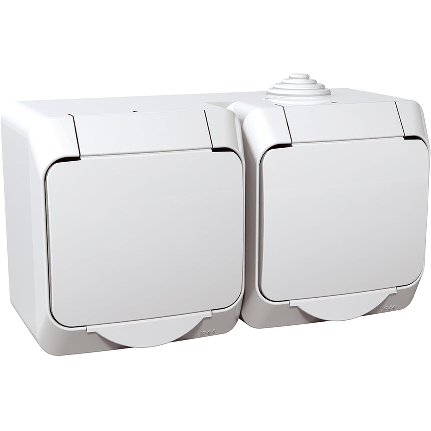 Priza dubla cu impamantare Schneider Cedar Plus WDE000523, IP44 alb, montaj aplicat orizontal