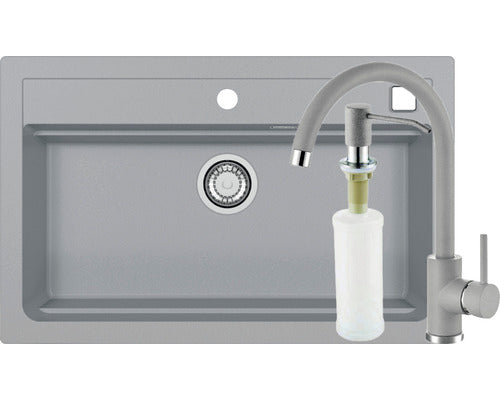 Pachet Chiuveta Bucatarie Alveus Atrox 40 Granital Gri + Baterie Monocomanda Kati + Dozator Sapun