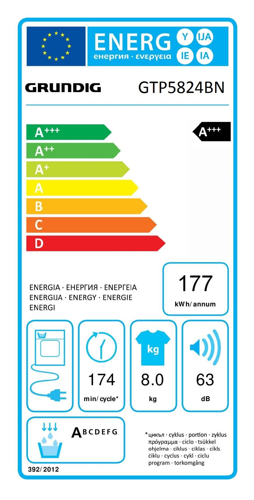 Uscator de rufe GRUNDIG GTP5824BN, Pompa de caldura, 8 kg, 15 programe, Clasa A+++, Alb