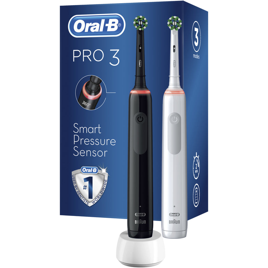 Set 2 x Periuta de dinti electrica Oral-B Pro 3 Cross Action, Curatare 3D, 3 programe, 1 incarcator, Negru/Alb
