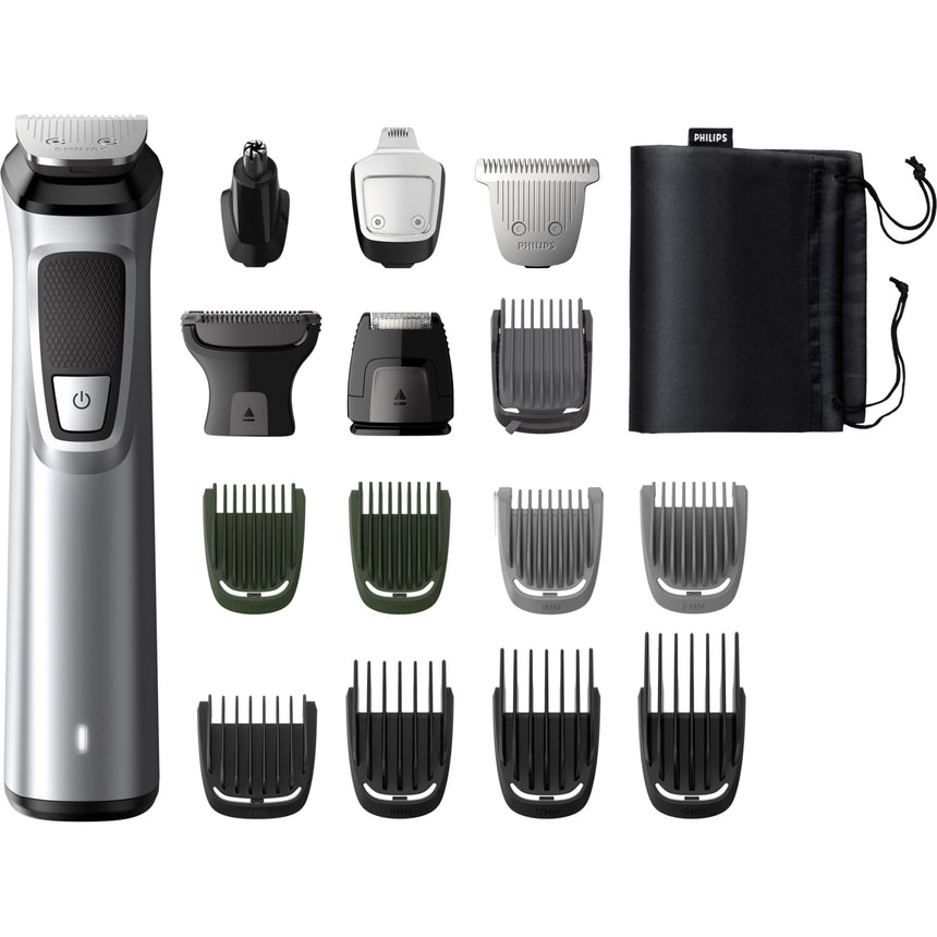 Aparat de tuns barba si parul 16 in 1 Philips Multigroom MG7736/15, lame metalice cu auto-ascutire, 9 piepteni, rezistent la dus, husa, Negru / Argintiu