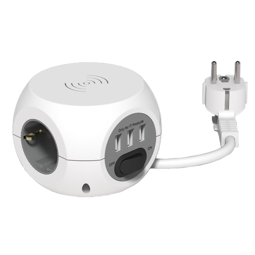 Prelungitor minicub Strohm, cu incarcare prin inductie, 3 prize, 3xUSB, 2.4A, intrerupator, cablu 3 m, Alb