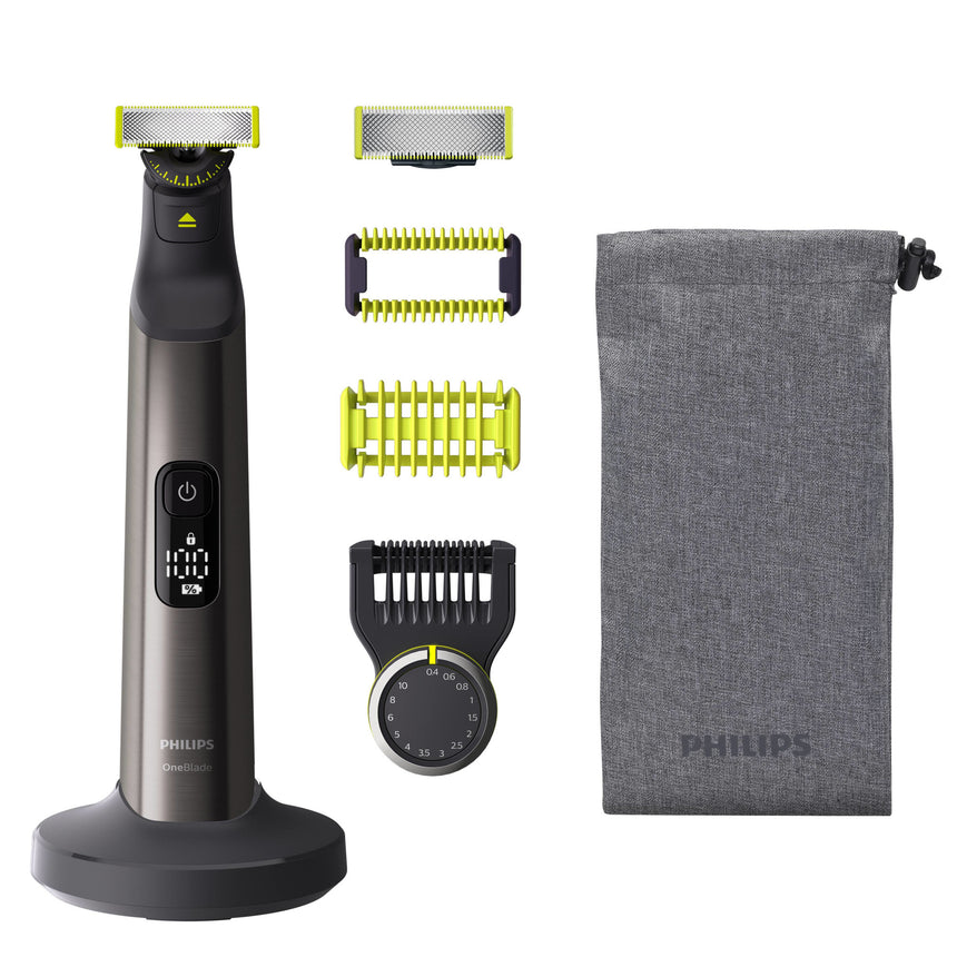 Aparat hibrid de barbierit, tuns barba si parul corporal PHILIPS OneBlade Pro QP6551/17, pieptene 14 lungimi, lama inovatoare 360 cu 2 taisuri, afisaj digital LED, pieptene corp, reincarcabil,autonomie 120 min, umed si uscat, husa,suport de incarcare,Crom