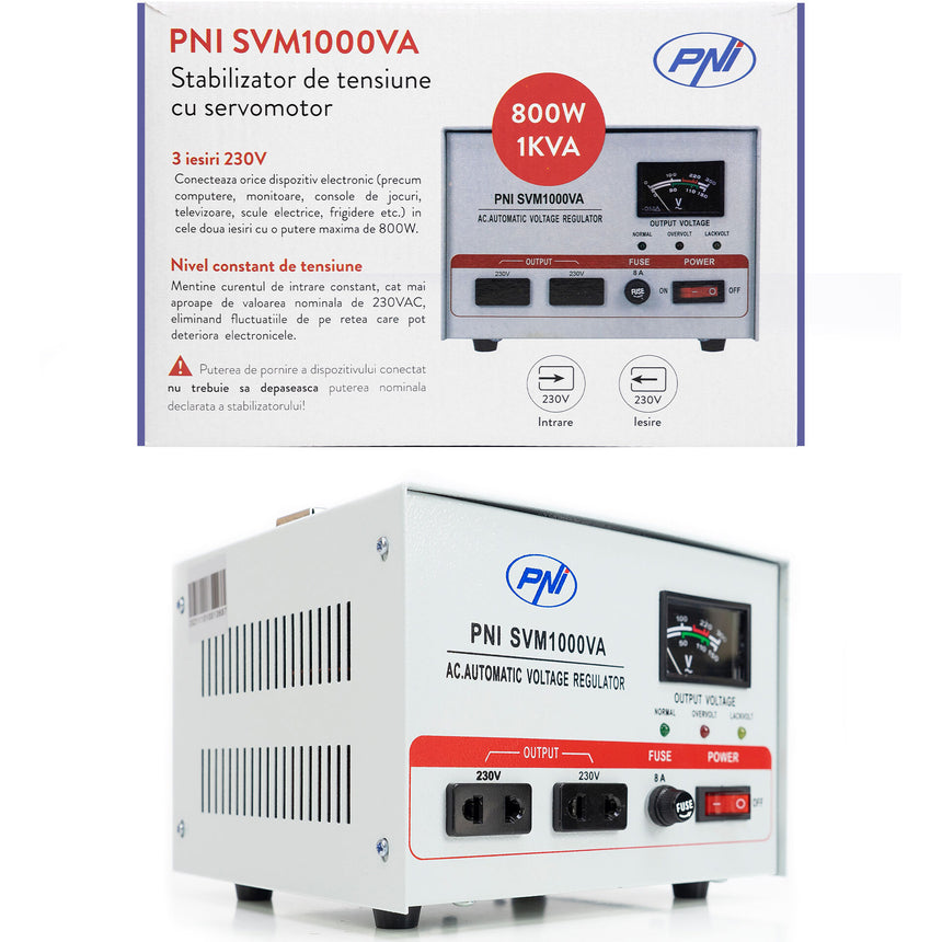 Stabilizator de tensiune PNI SVM1000VA cu servomotor, 800W, 3.6A, iesire 230V