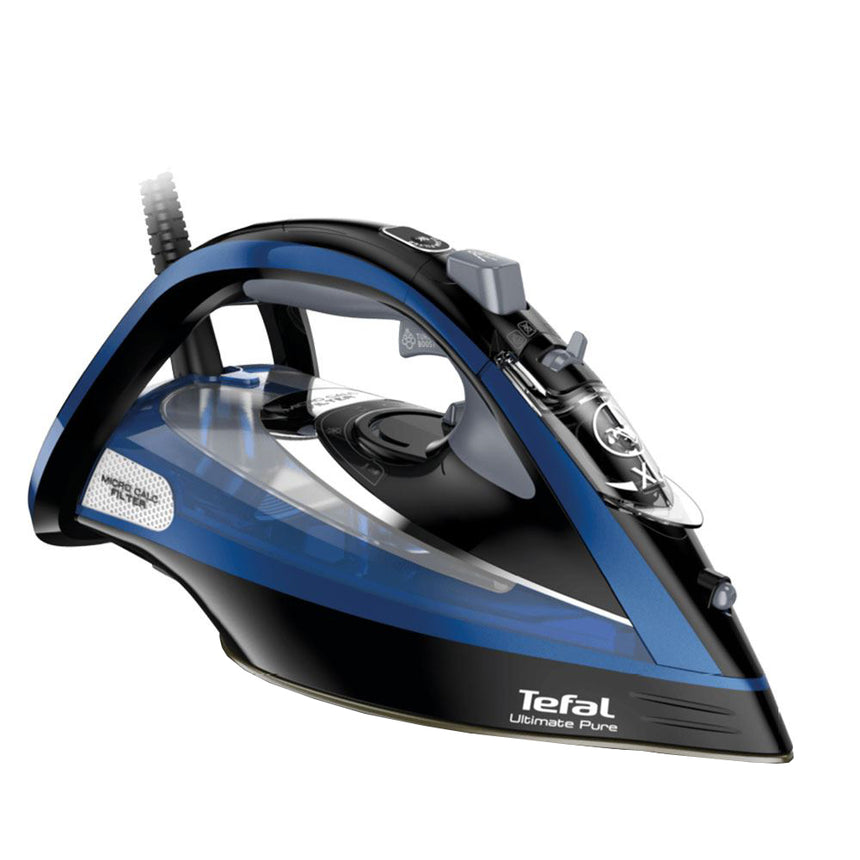 Fier de calcat Tefal Ultimate Pure FV9848E0, 3200W, Jet de abur 260g/min, Abur variabil 0-60g/min, Functie anticalcar, Oprire Automata, Talpa Durilium Airglide Autoclean, Negru/Albastru