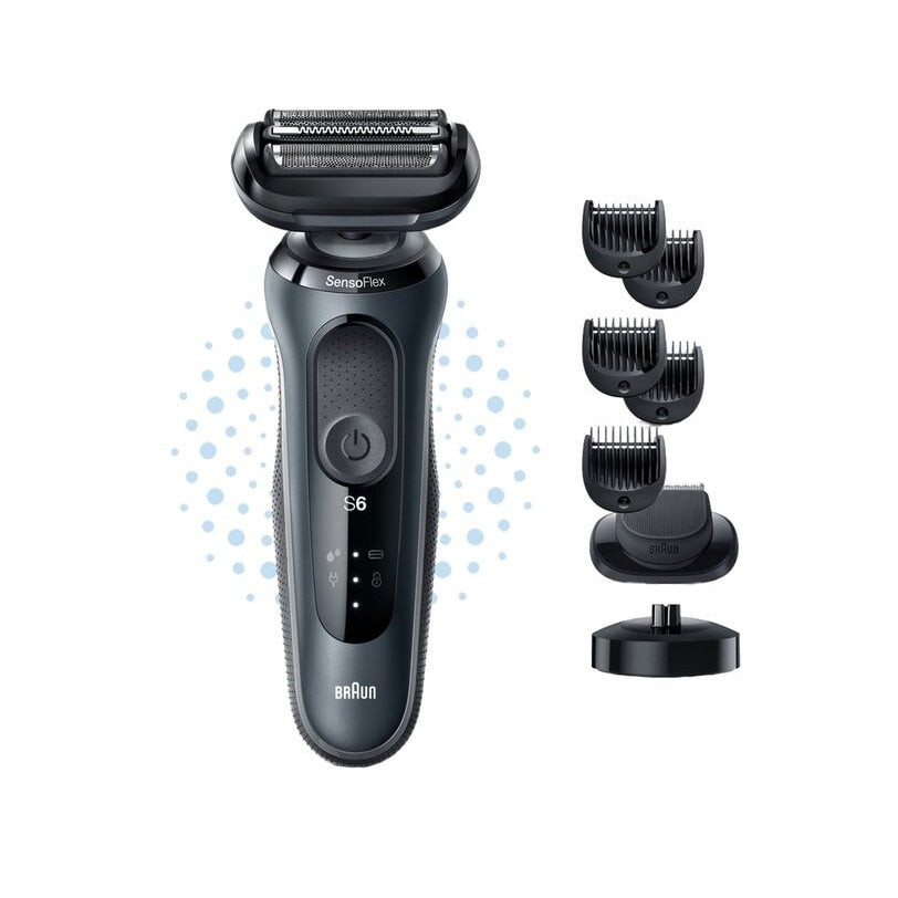 Aparat de ras electric Braun Series 6 61-N4500cs Wet&Dry, AutoSense, 4 elemente de taiere, SensoFlex, Statie de incarcare, accesorii pentru ingrijirea barbii, Trusa de voiaj, Gri
