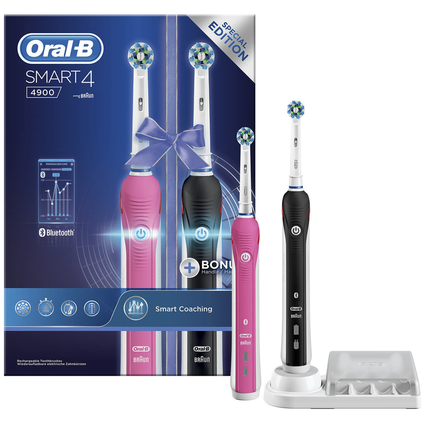 Set 2 Periute de dinti electrice Oral-B Smart 4 4900, 40000 pulsatii/min, 8800 oscilatii/min, Curatare 3D, 3 Programe, 2 capete, Bluetooth, Roz/Negru