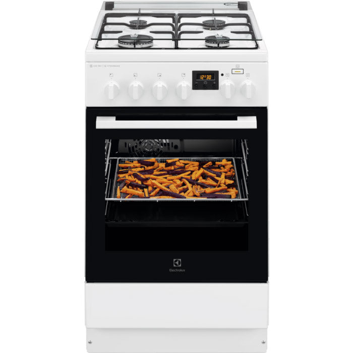 Aragaz Electrolux LKK560205W, Mixt, 4 arzatoare gaz, Cuptor electric multifunctional, SteamBake, AirFry, Aprindere integrata, Grill electric, Clasa A, 50 cm, Alb