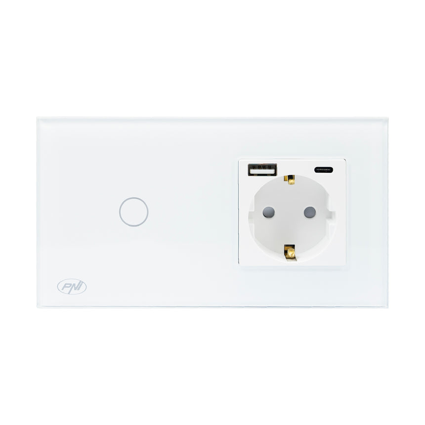 Intrerupator simplu cu touch PNI SH115W, cu priza, USB-A si USB-C