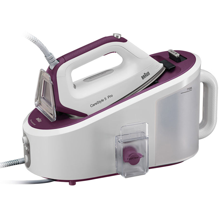 Statie de calcat Braun CareStyle 5 IS5155WH, 2400W, 7,5 bar, abur variabil 125g/min, jet de abur 480g/min, rezervor 2L, tehnologie FreeGlide 3D, talpa EloxalPlus, Alb/Violet