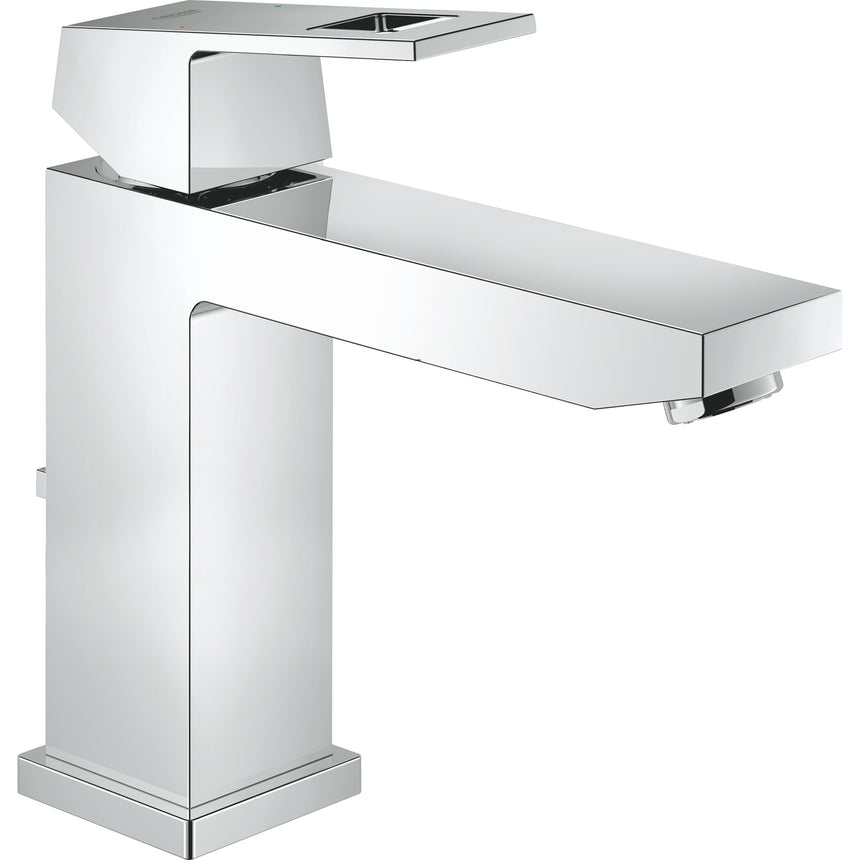 Baterie lavoar Grohe Eurocube, monocomanda, racorduri 3/8'', cartus ceramic, limitator temperatura, set evacuare cu tija, aerator, marimea M, Crom