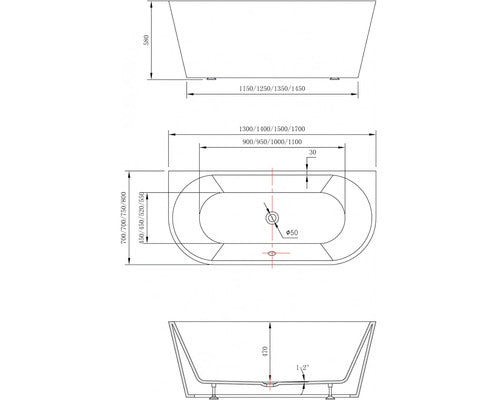 Cada de Baie Dreptunghiulara Freestanding Linea Combine, 170x80x58 cm, Acril, Exterior Negru, FR03