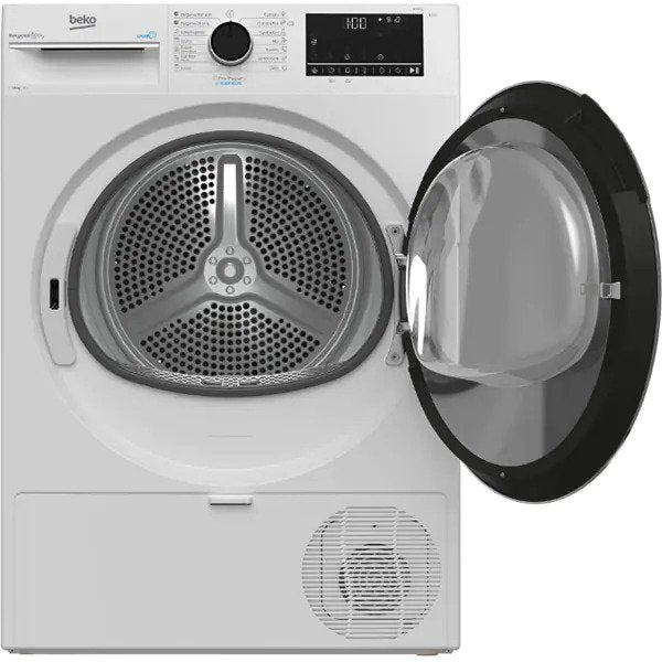 Uscator de rufe Beko B3T60230, 10 kg, Clasa E, RecycledDry, IronFinish, Hygienic Reresh, Pompa de caldura EcoGentle, SteamCure, Hygienic Drying, Alb