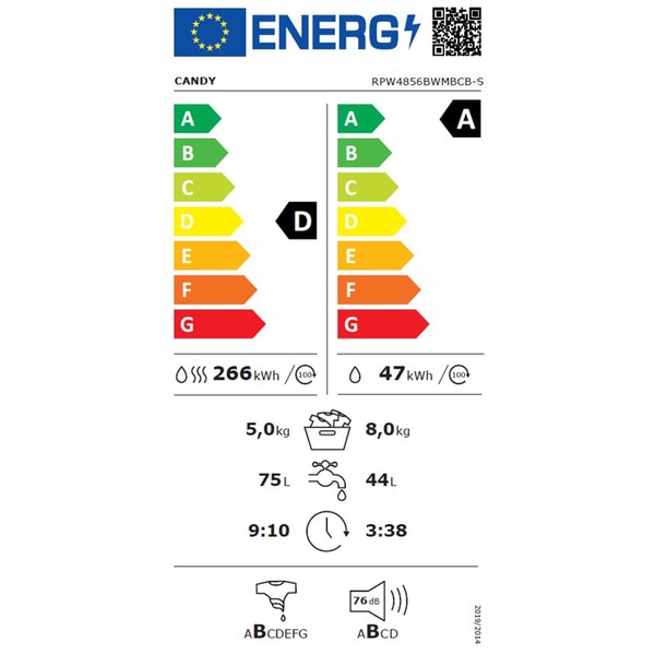 Masina de spalat rufe cu uscator CANDY RPW4856BWMBCB-S, Wi-Fi, 8/5 kg, 1400 rpm, Clasa A/D, Motor Inverter, Steam, Mix Power Systems, negru