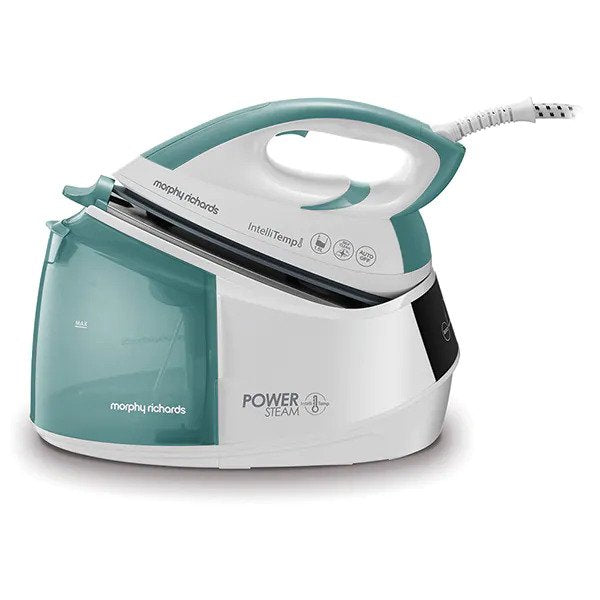 Statie de calcat Morphy Richards Power steam Intellitemp 333300, 2600W, 5 bar, 1.5l functie Intellitemp, Talpa Ceramica, 110g/min, 190g debit de abur continuu, Alb/Verde