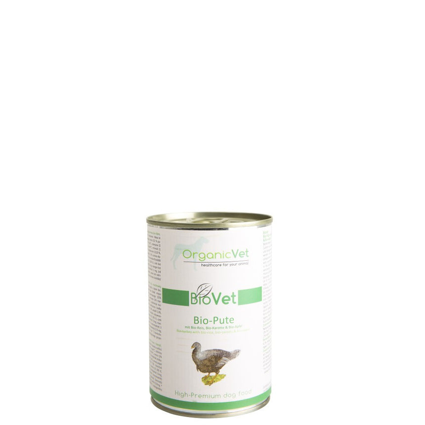 Hrana umeda, OrganicVet Biovet, Curcan, orez, morcovi si mere organice, 400g