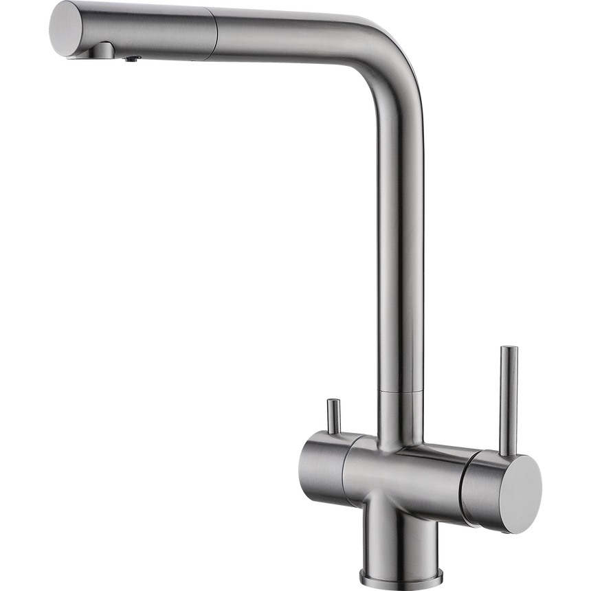 Baterie Alveus Aquila, 3 cai pentru apa cald, apa rece, filtru de apa, cartus ceramic, Finisaj inox periat