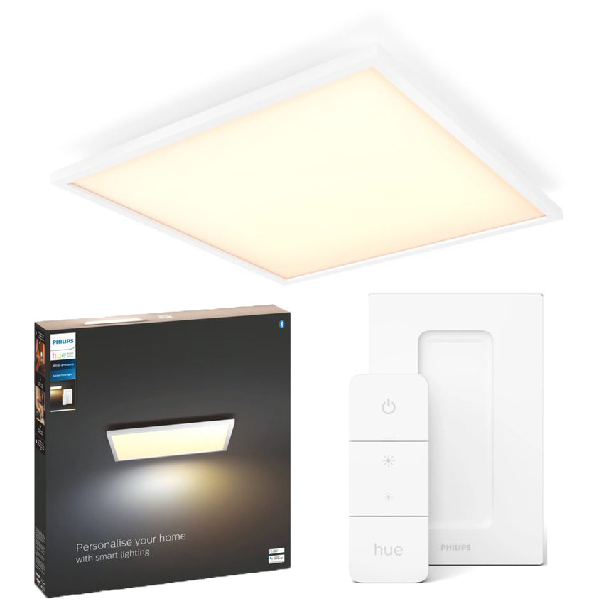 Panoul LED inteligent patrat Philips Hue Aurelle, Bluetooth, 39W, 3750 lm, lumina ambianta alba (2200-6500K), 60cm, Aluminiu, Alb, Intrerupator cu variator inclus, clasa energetica F