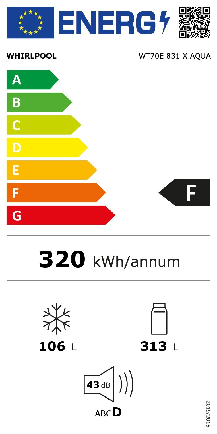Frigider cu doua usi WHIRLPOOL WT70E 831 X AQUA, Total No Frost, 419 l, H 180 cm, Clasa F, Inox