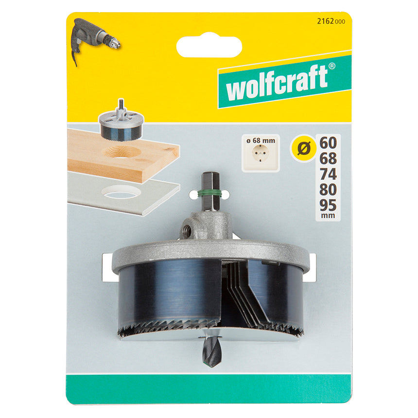 Set carote standard Wolfcraft 2162000, 5 carote 60, 68, 74, 80, 95 mm, adancime de taiere 33 mm, tija hexagonala