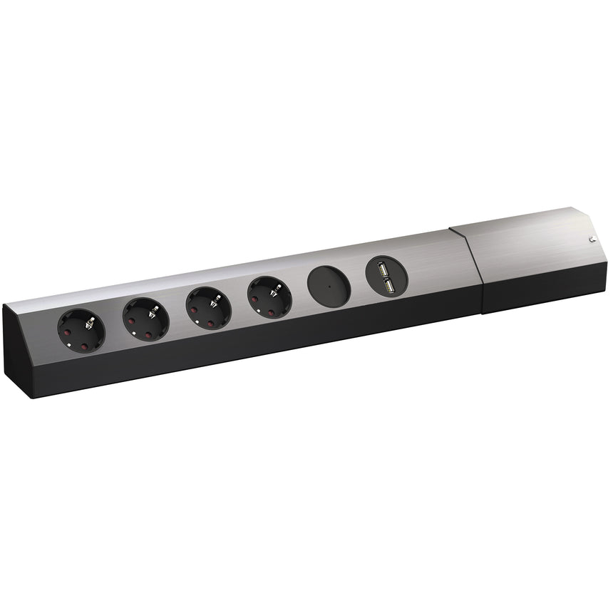 Prelungitor pentru perete/colt Bachmann ALU, 4 prize, cu intrerupator, dublu incarcator USB 5.2 V / 2.15 A: 2, IP20, H05VV-F 3G1,5mm², cordon 2m + fisa Schuko montabila