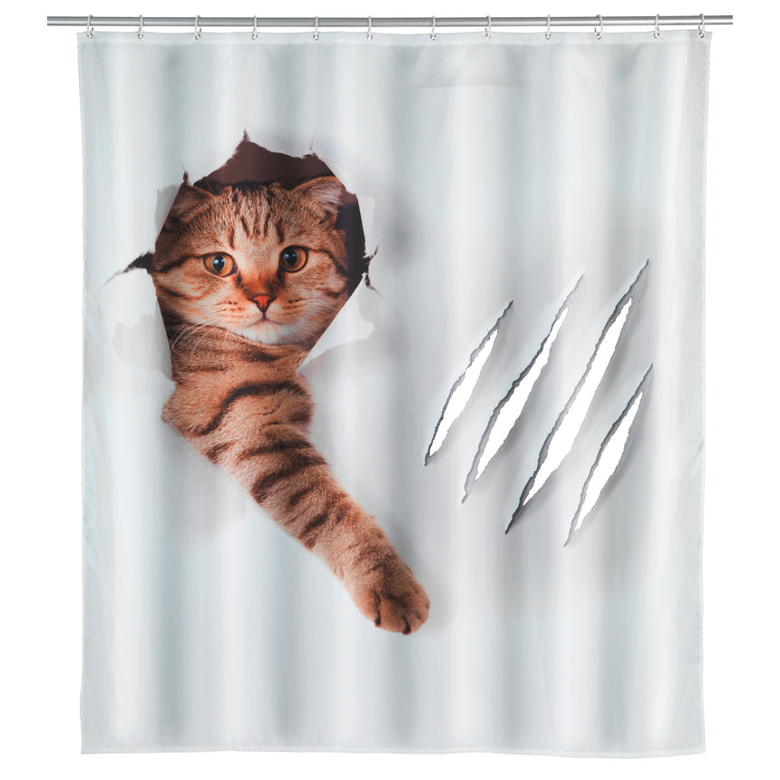 Perdea dus, 100% polyester, Wenko, Cute Cat, 180x200 cm