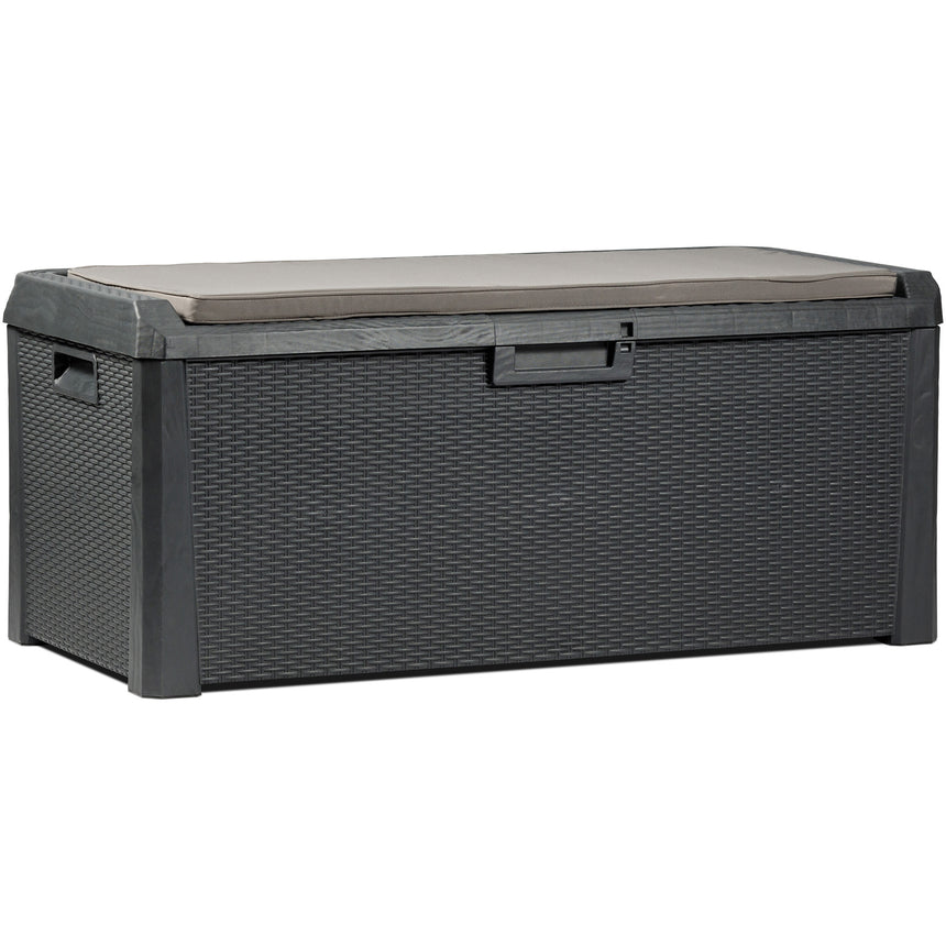 Lada de depozitare pentru gradina Santorini Plus Toomax, 148xH72x64 cm, 550 litri, perna inclusa, gri-antracit