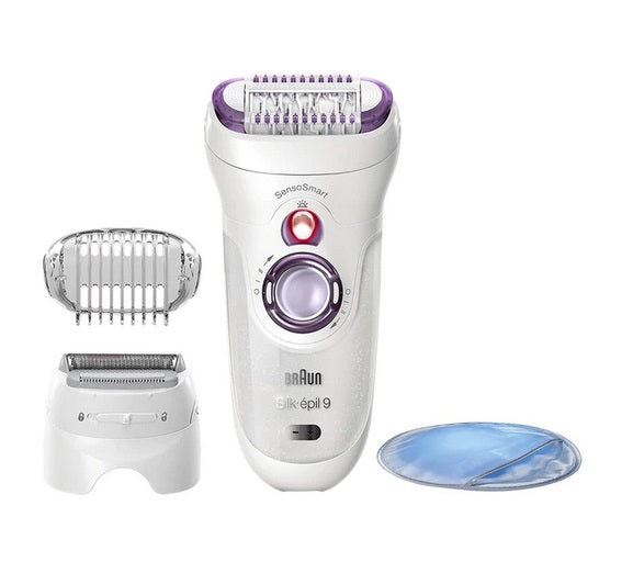 Epilator Braun Silk-épil 9 9/700 SensoSmart™, Micro-Grip, Wet & Dry, 40 pensete, 2 viteze, Saculet pentru voiaj, Alb/Mov
