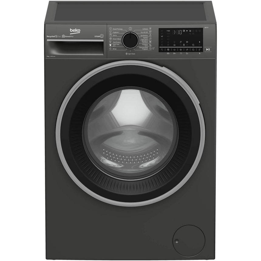 Masina de spalat rufe Beko B5WFU58415M, 8 kg, 1400 RPM, Recycled Tub, Homewiz Remote Control, Clasa A, Motor ProSmart Inverter, AddXtra, Hygiene+ cu SteamCure, AutoClean Detergent Drawer, Fast+, Antracit