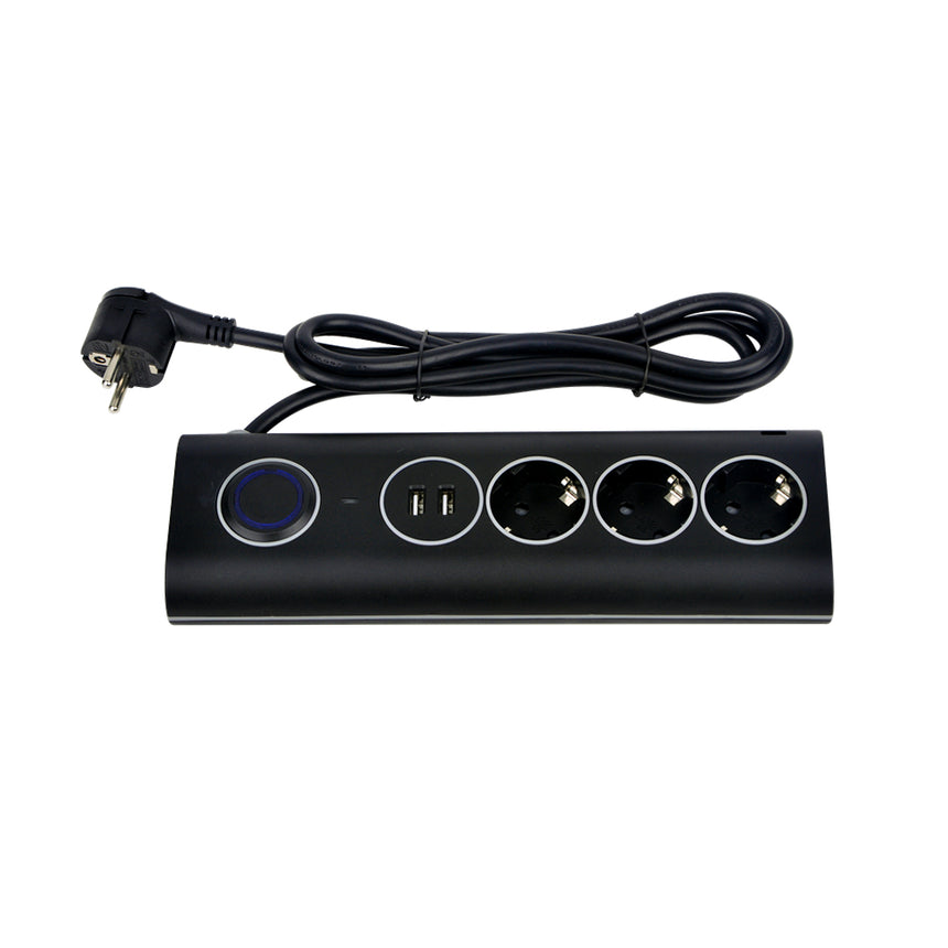 Prelungitor pentru birou Strohm, 3 prize, 2xUSB 2.4A, intrerupator, protectie supratensiune, 1.5m, Negru