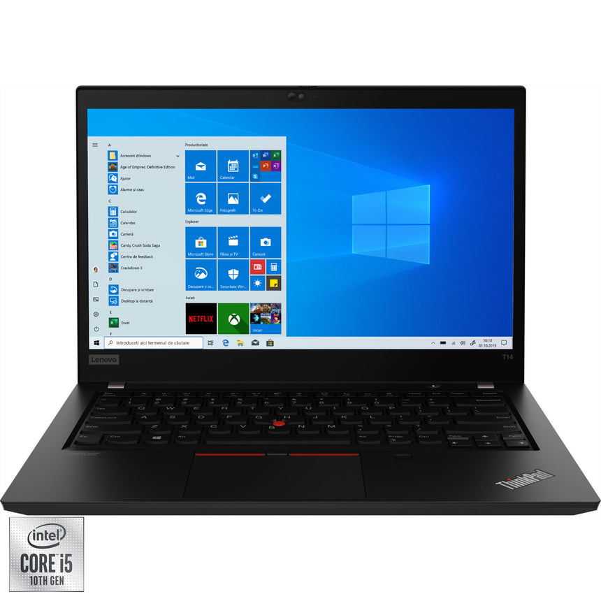 Laptop ultraportabil Lenovo ThinkPad T14 Gen 1 cu procesor Intel Core i5-10210U pana la 4.20 GHz, 14", Full HD, 8GB, 512GB SSD, Intel UHD Graphics, Windows 10 Pro, Black