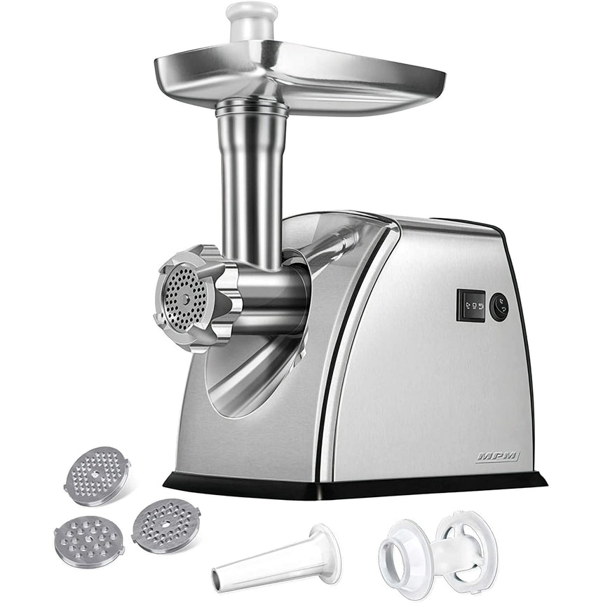 Masina de tocat MPM MMM-07M, 1800W, lama din otel inoxidabil, functie REVERSE, 3 site de taiere, accesoriu carnati, gri