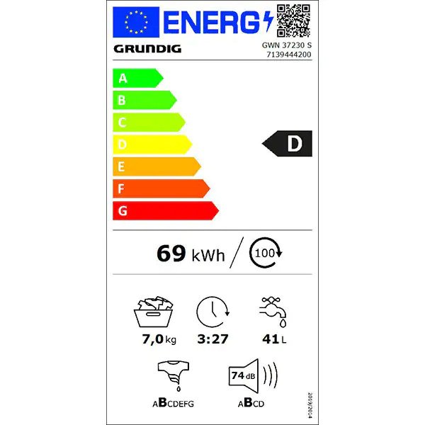 Masina de spalat rufe frontala GRUNDIG GWN 37230 SN, 7 kg, 1200rpm, Clasa D, Alb
