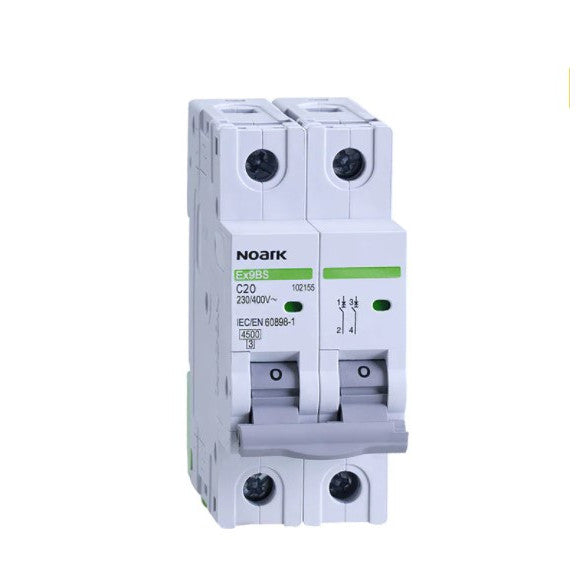 Siguranta automata modulara Noark 102155, din plastic, 2P, 2 module, amperaj 20A, curba C, tensiune alimentare 400 V, clasa de protectie IP 20, 240 g, Noark, Alb