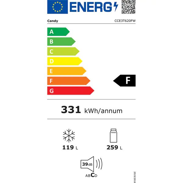 Combina frigorifica, Candy, CCE3T620FW, Clasa energetica F, TotalNoFrost, Capacitate 378 L, Alb
