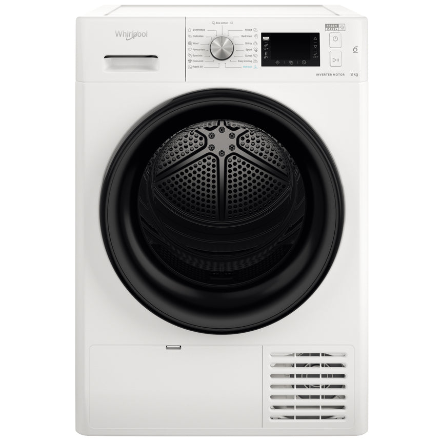 Uscator de rufe Whirlpool FFTD8X3BEE, Pompa de caldura, 8 kg, Clasa C, Motor Inverter, Freshcare+, Tehnologia al 6-lea Simt, Control touch, Alb
