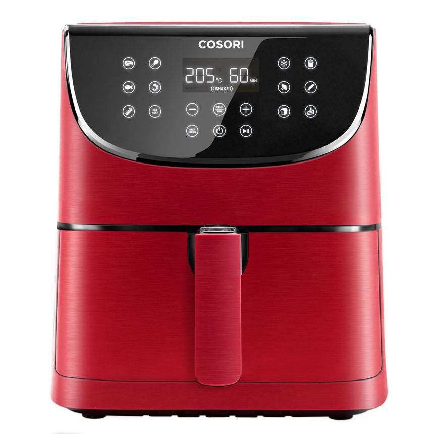 Friteuza cu aer cald, fara ulei, Cosori Air Fryer, Ecran digital, 11 functii de gatire presetate, 1 Grilaj pentru frigarui si 5 Frigarui, Capacitate 5.5 litri, 1700W, Rosu